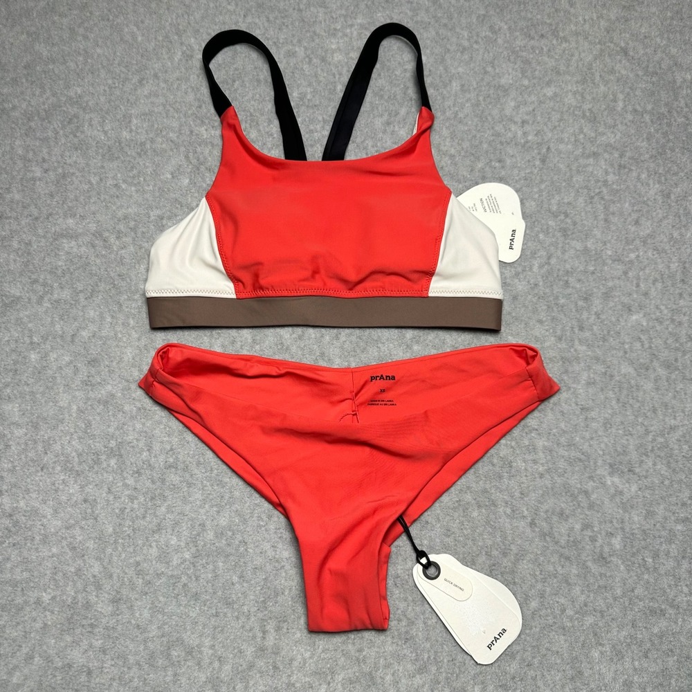 Prana Baja Bound Sport Top Lahari Tanga Bottom Bikini Set Rose Fire Red XS NWT